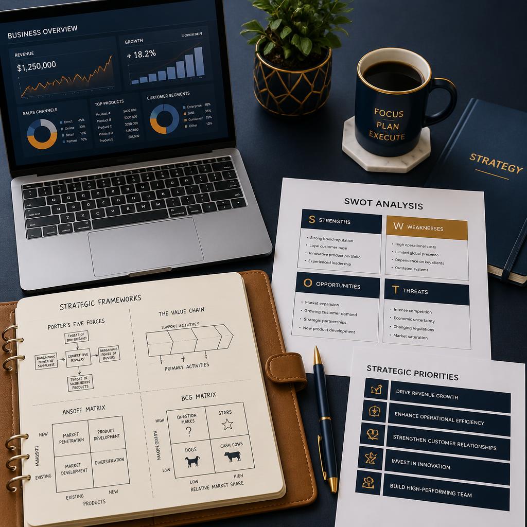 Professional flat-lay photograph of a business strategy planning desk with a laptop showing analytics dashboards, printed SWOT matrix documents, a coffee cup, a leather notebook with hand-sketched strategic frameworks and a small potted plant, clean studio lighting, navy and gold accents, high resolution